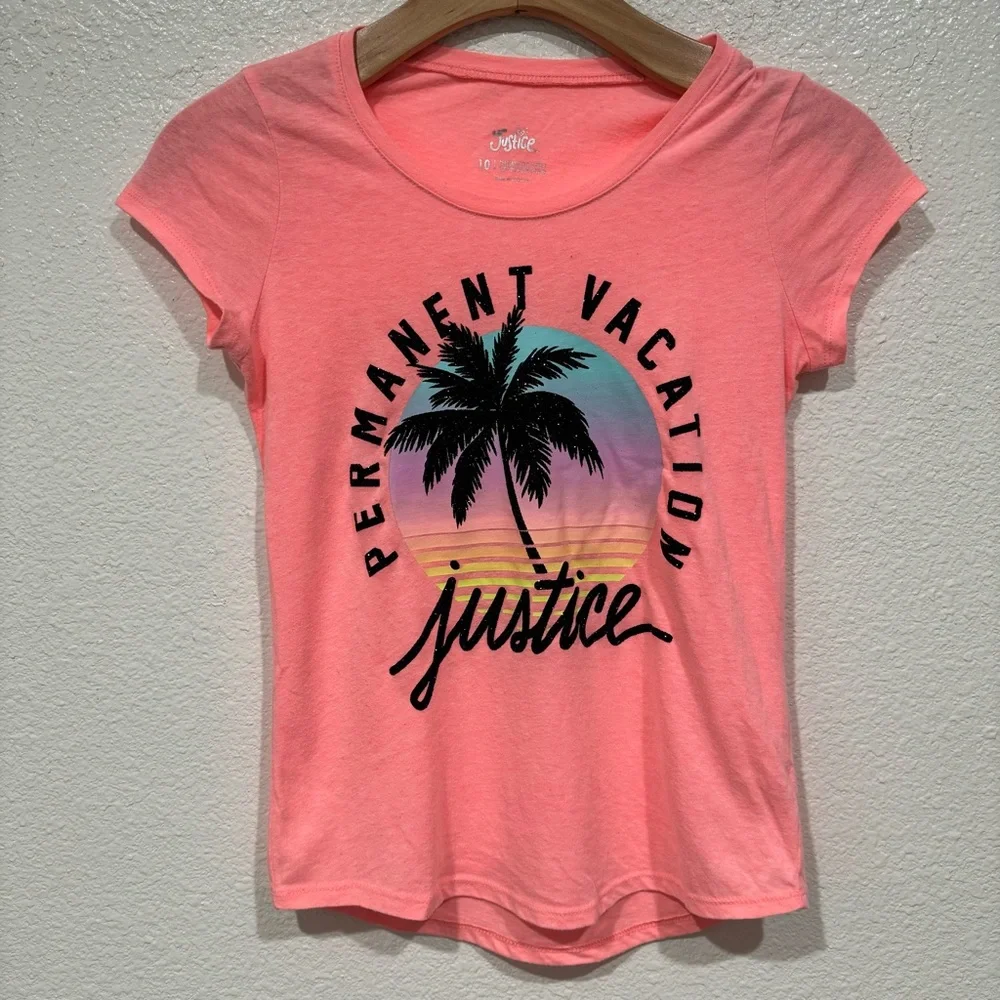 Kids Justice Girls Orange Black Permanent Vacation Palm Tree Graphic T-Shirt L